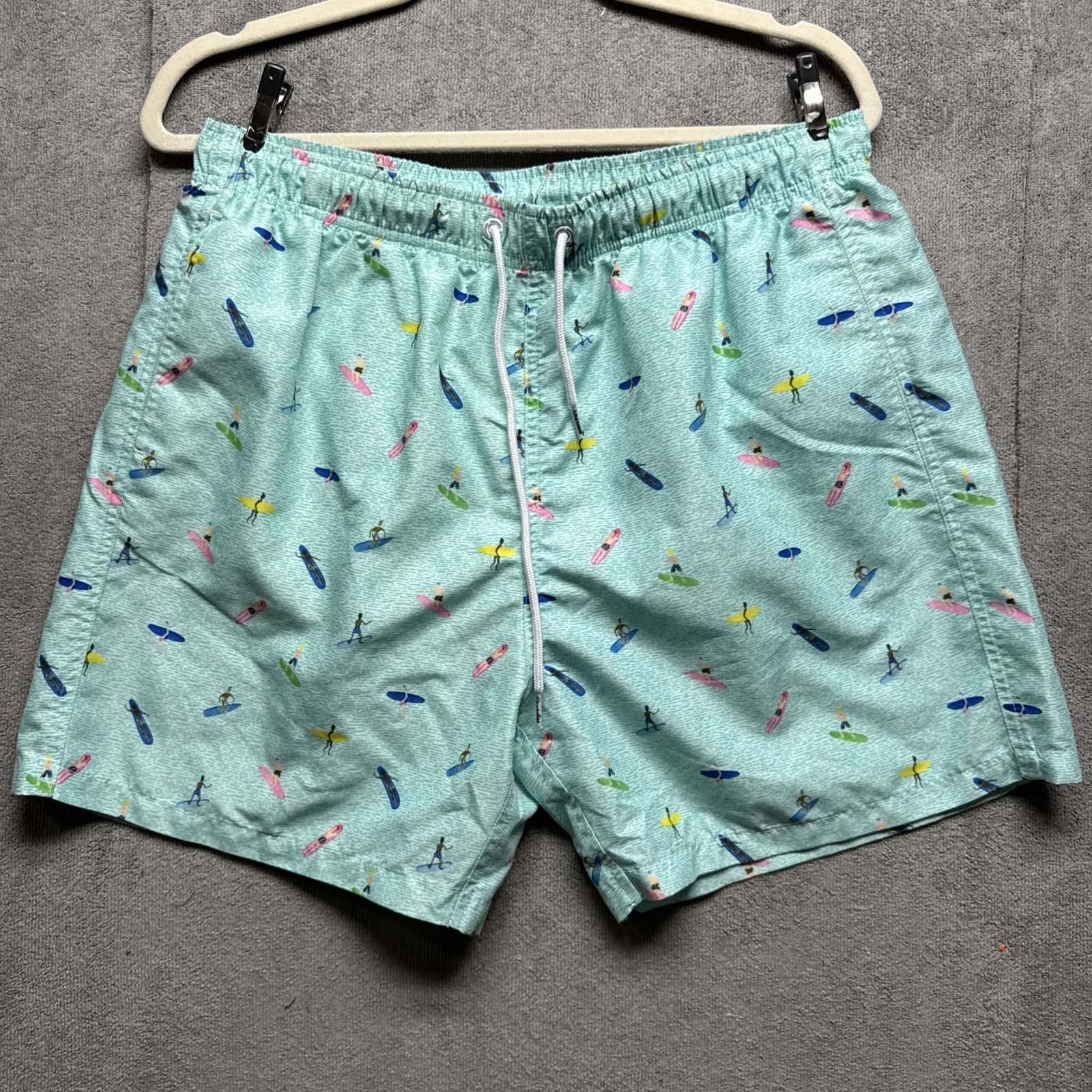 Boardies Swim Shorts Mens Large Green Surf Print Trunks Drawstring Beach 5"